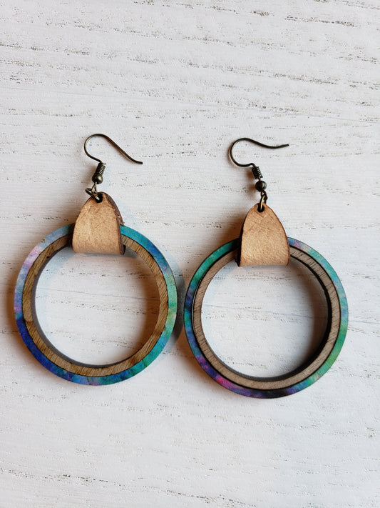 2" Wood and Colorful Patterned Veneer Hoop Style Earrings with Leather Accent
