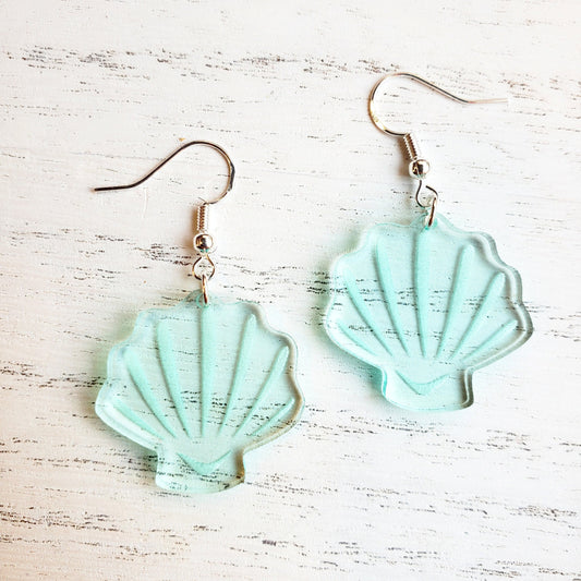 Sea Glass Acrylic Seashell Shaped Earrings | Statement | Dangle | Lightweight | Summer | Laser Etched | Beach